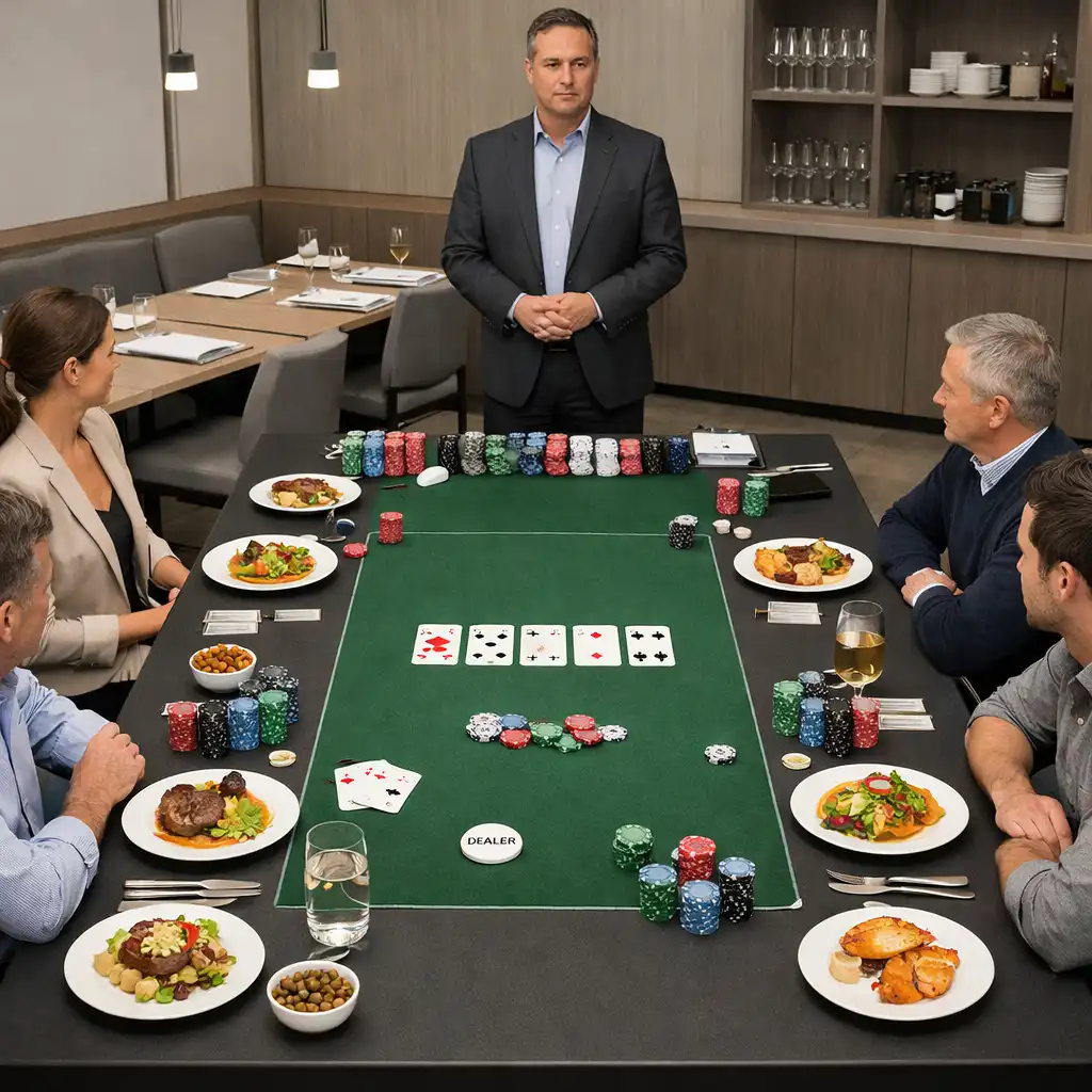 Poker table with dining setup and host guiding guests