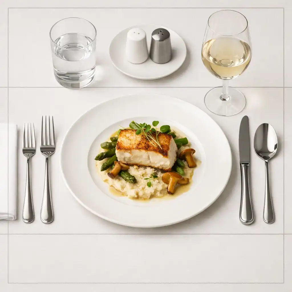 Structured plated dining course with precise table setting