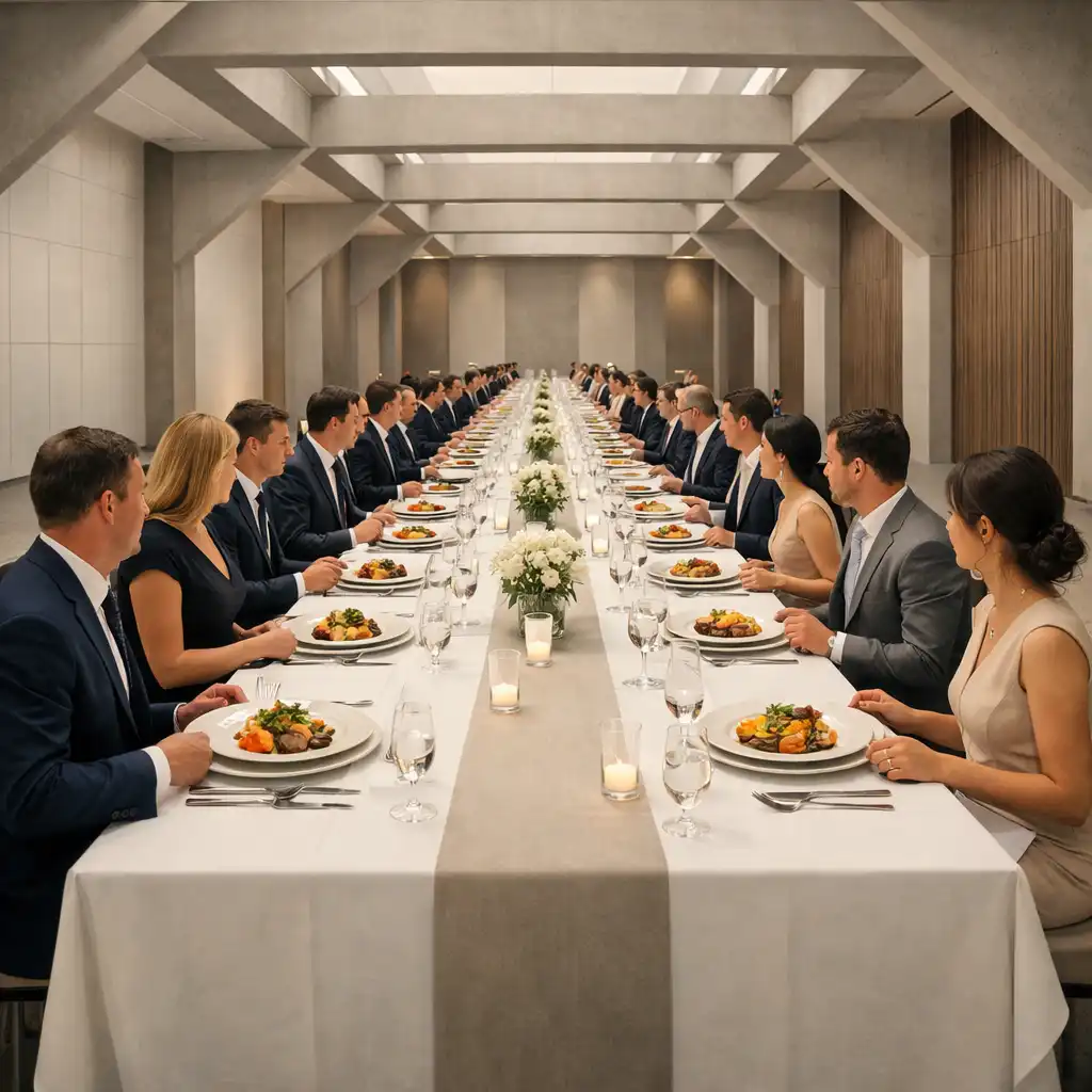 Structured dining session with aligned tables