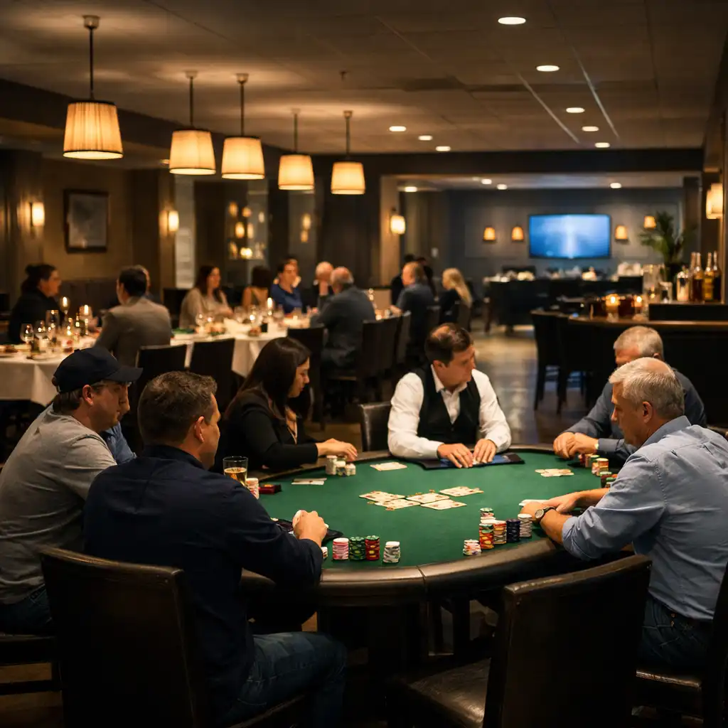 Poker event setup showing structured table arrangement and guest engagement